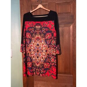 Sara Womens Plus Size 18 Shift Dress Black Red Kaleidoscope Paisley 3/4 Sleeve